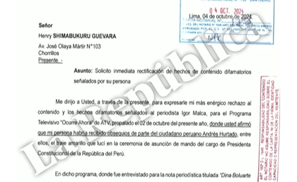 Dina Boluarte sends a notarial letter to Henry Shimabukuro and asks to be retified for an alleged gift from Andrés Hurtado