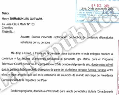 Dina Boluarte sends a notarial letter to Henry Shimabukuro and asks to be retified for an alleged gift from Andrés Hurtado