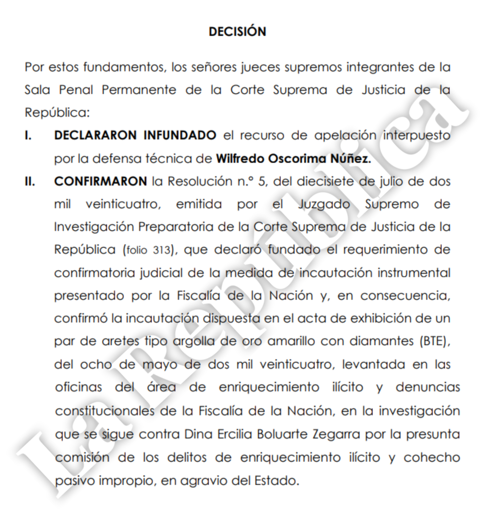 Gold earrings that Wilfredo Oscorima bought for Dina Boluarte at Casa Banchero will continue to be seized