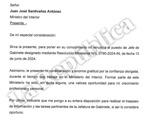 Head of Juan José Santivañez's cabinet of advisors resigns from his position in the Ministry of the Interior