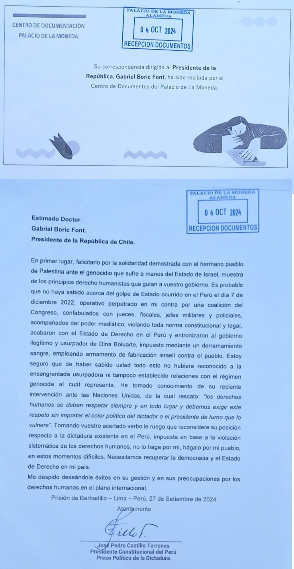 Pedro Castillo sends a letter to Gabriel Boric from prison: "If I knew everything I would not have recognized the usurper"