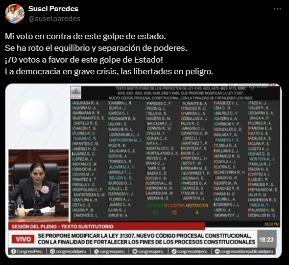 Susel Paredes qualifies as "coup d'état" that Congress approve modifications to the Constitutional Procedural Code