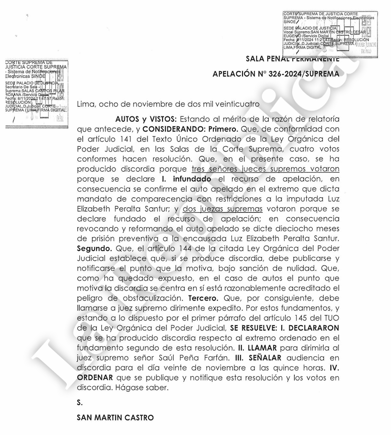 Discord in the vote for preventive detention for Elizabeth Peralta in the Chibolín case: judge Saúl Peña Farfán will decide the fate of the suspended prosecutor