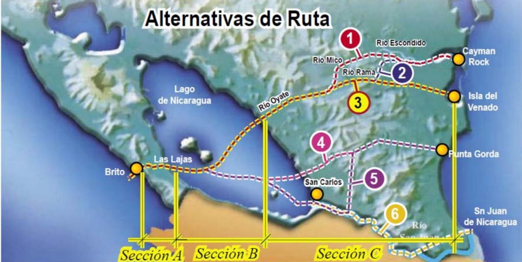 Alternativas de la ruta canalera. En ninguna se contemplaba la que ahora promueve la dictadura.