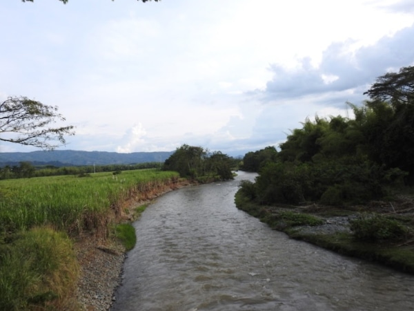 The river in Colombia that flows backwards and divides two departments: it crosses thirteen municipalities