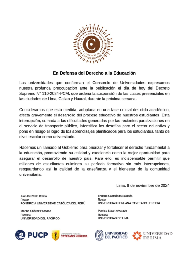 Universidad de Lima, Cayetano Heredia, del Pacifico and PUCP reject suspension of face-to-face classes by APEC: "Seriously affects students"