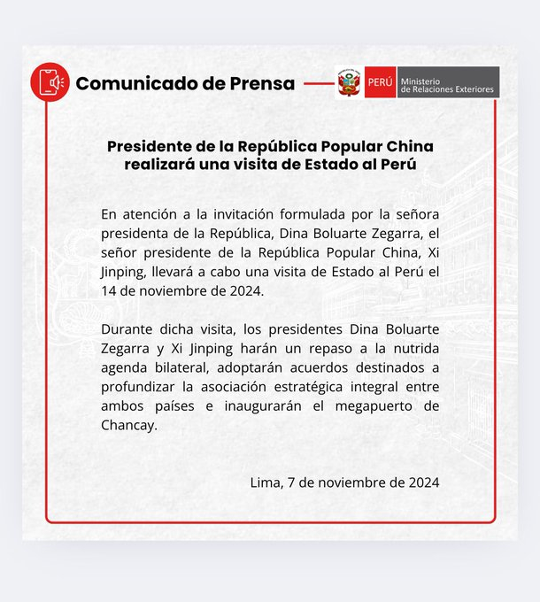 Xi Jinping will arrive in Peru on November 14: Foreign Ministry confirms visit of the president of China