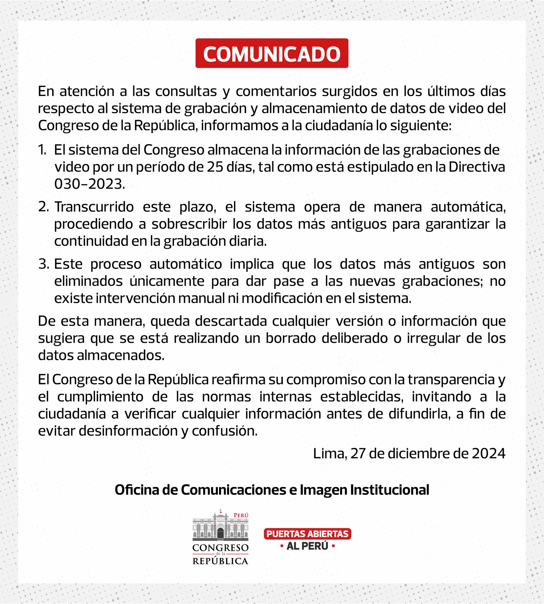 Statement from the Congress of the Republic about the recordings inside Parliament