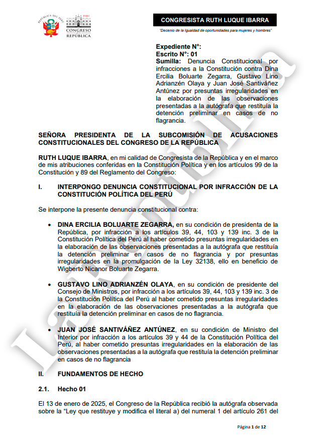 Dina Boluarte: they file a constitutional complaint against the president after not restoring the preliminary detention