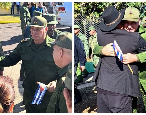 Arnaldo Rodríguez abraza a Díaz-Canel durante acto oficial del régimen