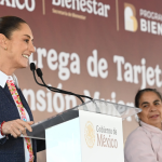 In Huauchinango, Puebla, President Claudia Sheinbaum delivers new cards for the Women's Wellbeing Pension