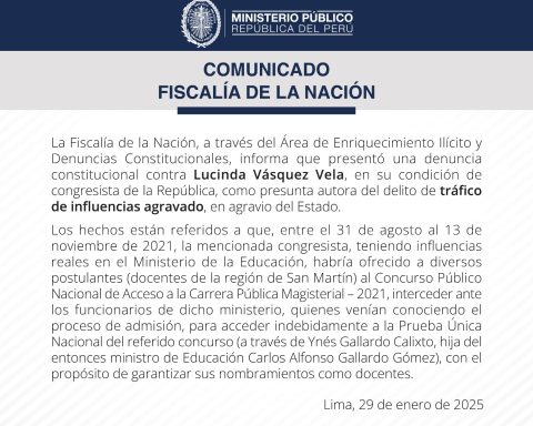 Prosecutor's Office presents constitutional complaint against Congressman Lucinda Vásquez for teacher test filtration