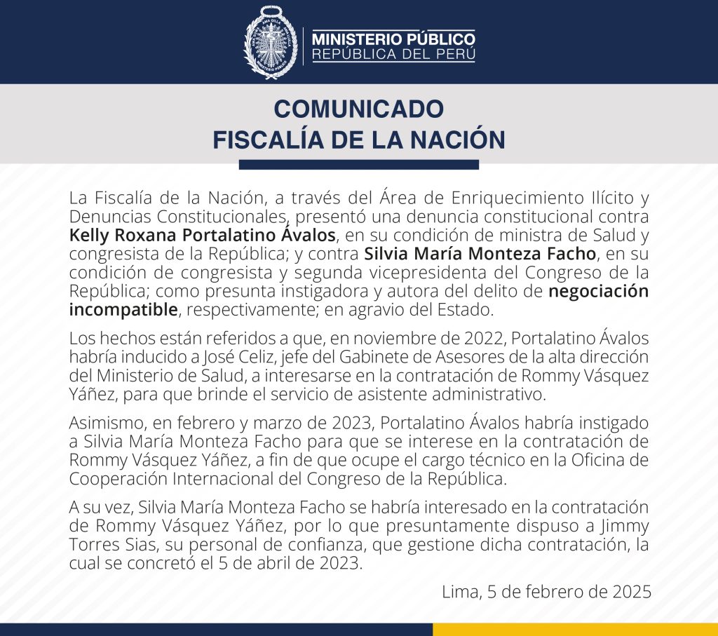 Prosecutor's Office filed a constitutional complaint against congressmen Kelly Portalatino and Silvia Monteza for incompatible negotiation