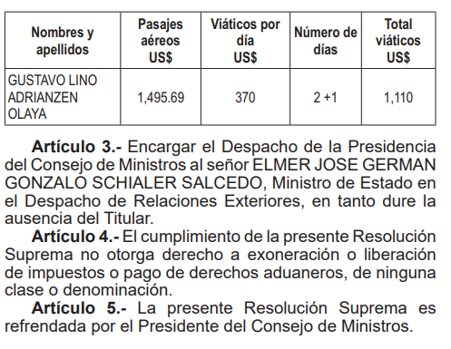 State will spend more than S/9,000 on a trip by Gustavo Adrianzén to Uruguay