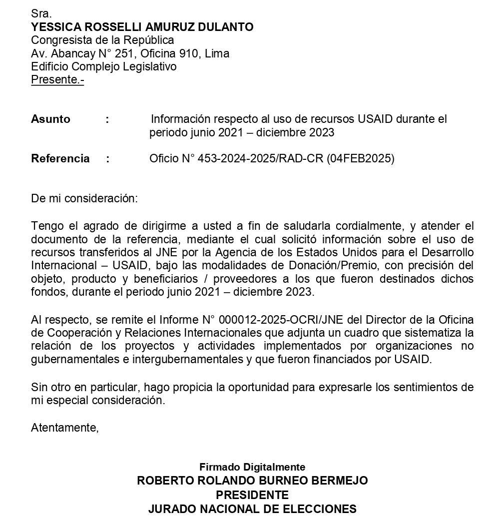 USAID: JNE and ONPE clarify Congressman Rosselli Amuruz who do not receive direct financing from this agency