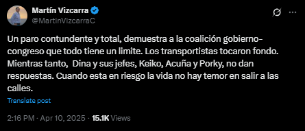Martín Vizcarra questions Inaction of Dina Boluarte before the unemployment of transporters: "His bosses are Keiko, Acuña and Porky"