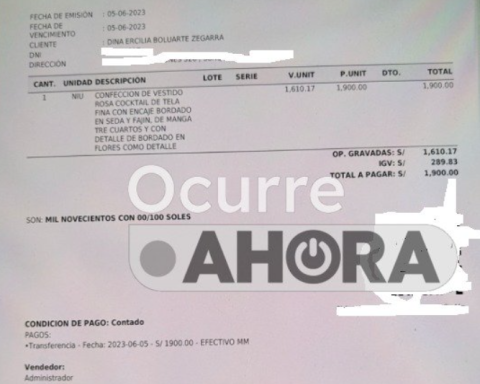 Dina Boluarte cocktail dress cost S/1,900, according to receipt found on your cell phone.