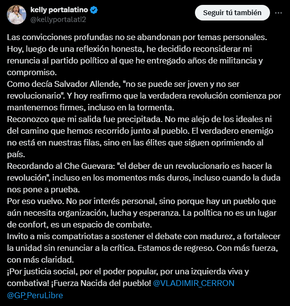 Kelly Portalatino repents and returns to Peru Libre: "I recognize that my exit was precipitated"