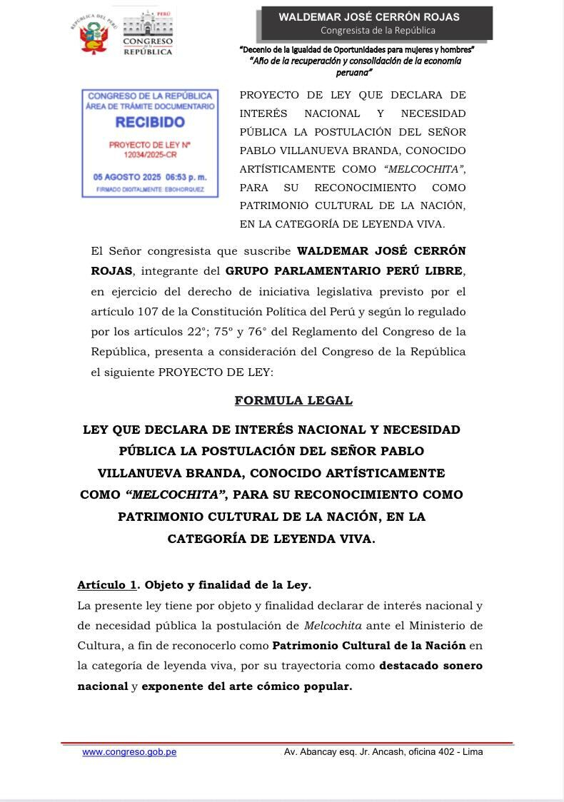 Congress: Waldemar Cerrón proposes to declare 'Melcochita' as Cultural Heritage of Peru