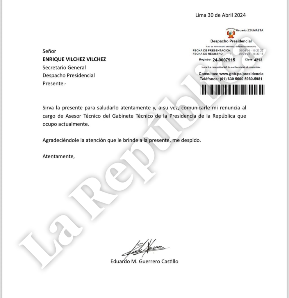 Eduardo Guerrero, advisor to Dina Boluarte, renounces his position within the presidential technical cabinet