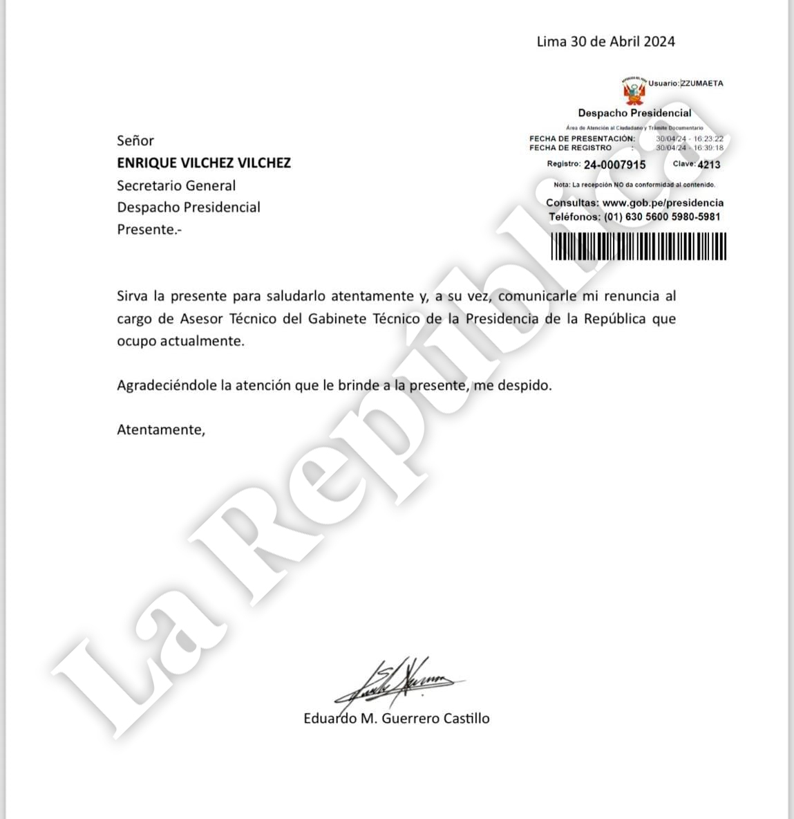 Eduardo Guerrero, advisor to Dina Boluarte, renounces his position within the presidential technical cabinet