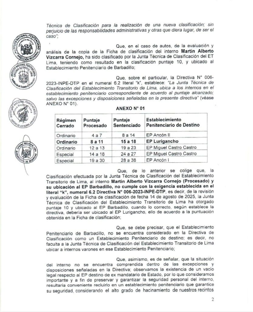 General Secretary of Peru first rejects that Martín Vizcarra be transferred to the Lurigancho prison: his life would be in danger