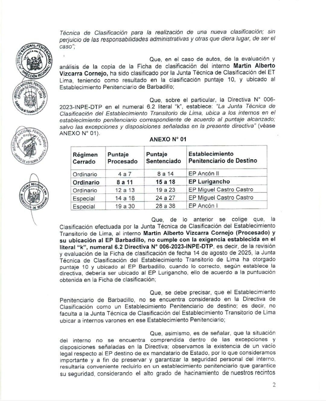 General Secretary of Peru first rejects that Martín Vizcarra be transferred to the Lurigancho prison: his life would be in danger