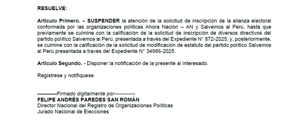 JNE Suspendes Alliance 'Now Nation - Save Peru': deadlines prevent their registration before September 1