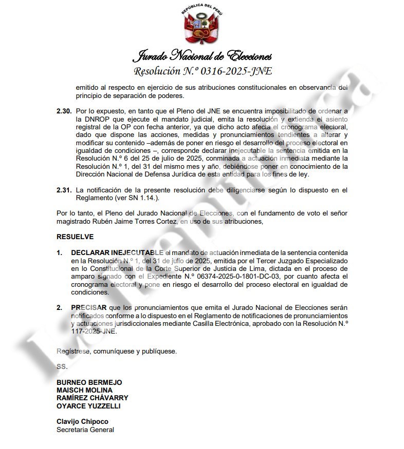 JNE prevents Popular Unity Registration for Elections 2026: Declares inejecutable Judicial Power ruling