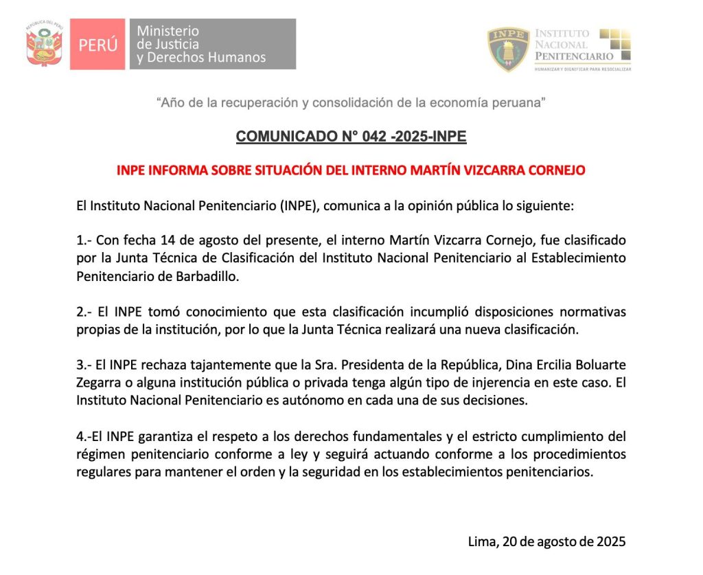 Martín Vizcarra: INPE confirms that former president will go to another penalty and discard interference from Dina Boluarte