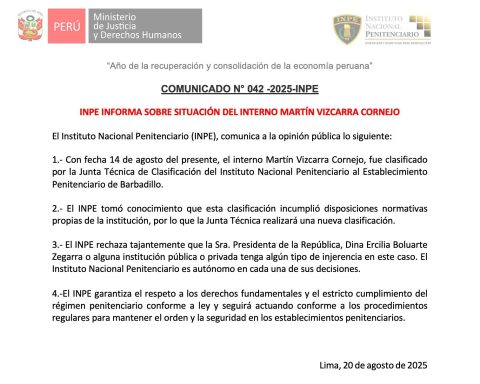 Martín Vizcarra: INPE confirms that former president will go to another penalty and discard interference from Dina Boluarte