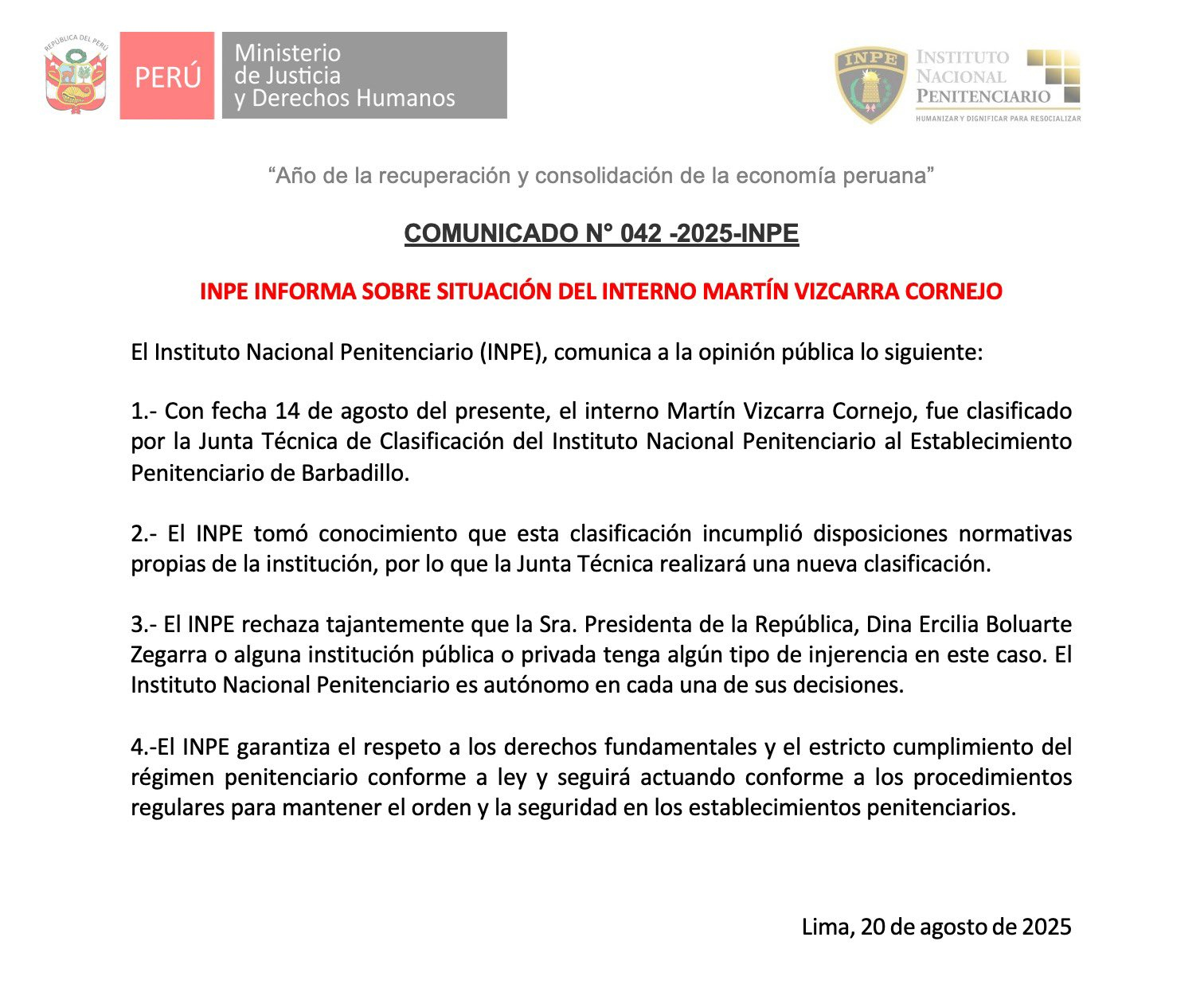 Martín Vizcarra: INPE confirms that former president will go to another penalty and discard interference from Dina Boluarte
