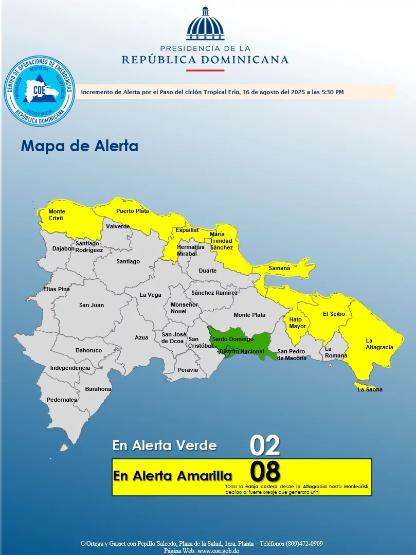 Mapa de provincias bajo alerta por huracán Erin