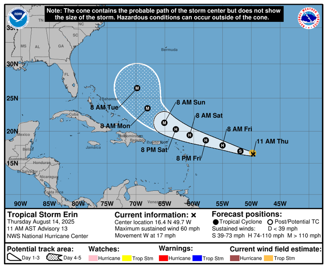 Tropical Storm Erin advances to the Caribbean and could become a hurricane of great intensity