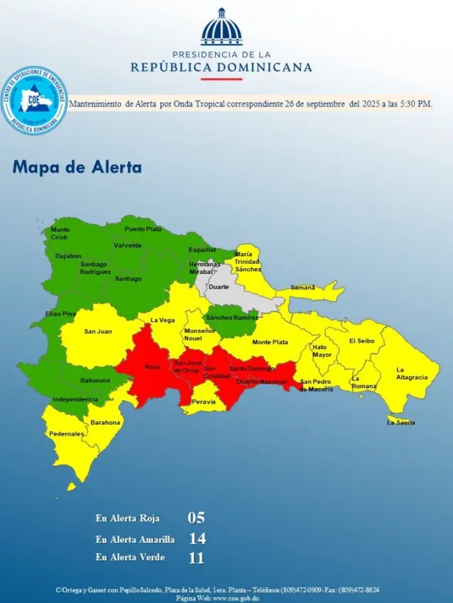 ¡Atención! COE mantiene 29 provincias y al Distrito Nacional en alerta por lluvias y ráfagas de viento