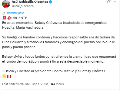 Betssy Chávez is emergency to the María Auxiliadora hospital for hunger strike