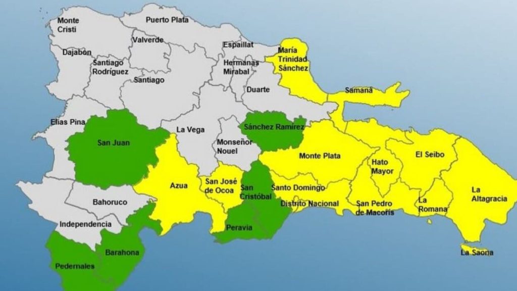COE coloca 11 provincias y el Distrito Nacional en alerta amarilla por aguaceros y tormentas eléctricas