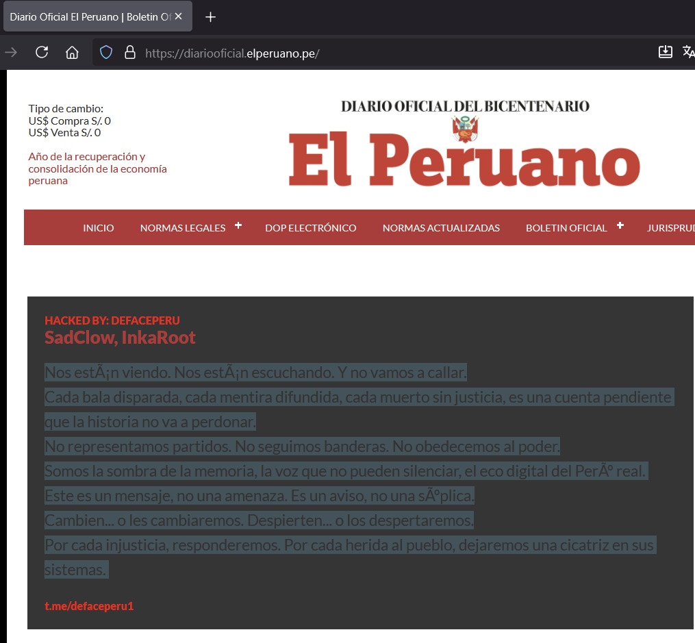 Hackean El Peruano newspaper: Website appears blank and without official state publications