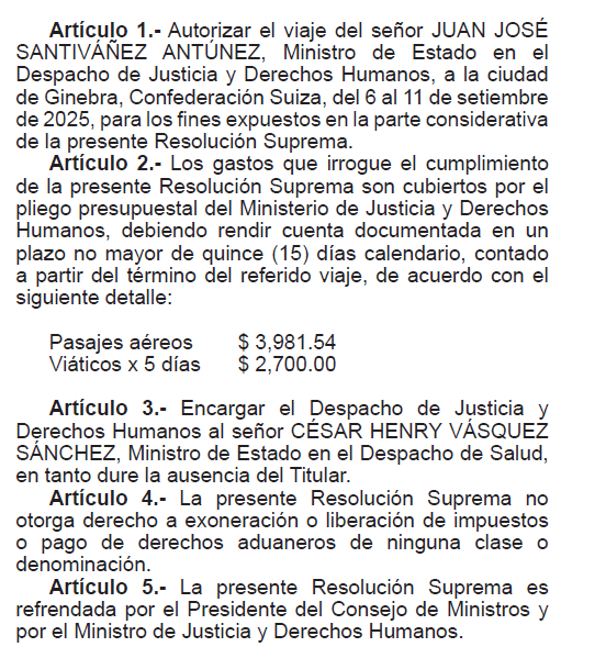 Juan José Santiváñez: Trip to Switzerland of the Minister of Justice will cost more than US $ 6,500