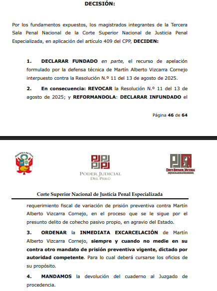 Martín Vizcarra is released: Judicial Power orders its release