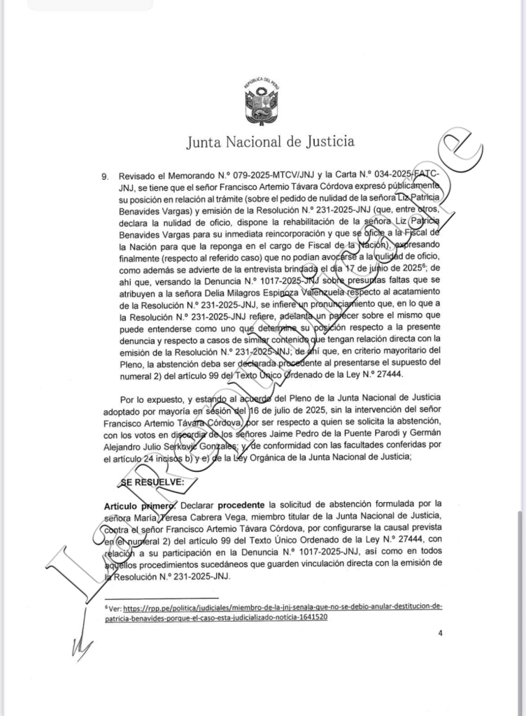 National Justice Board departs Francisco Távara from the debate about the suspension of Delia Espinoza