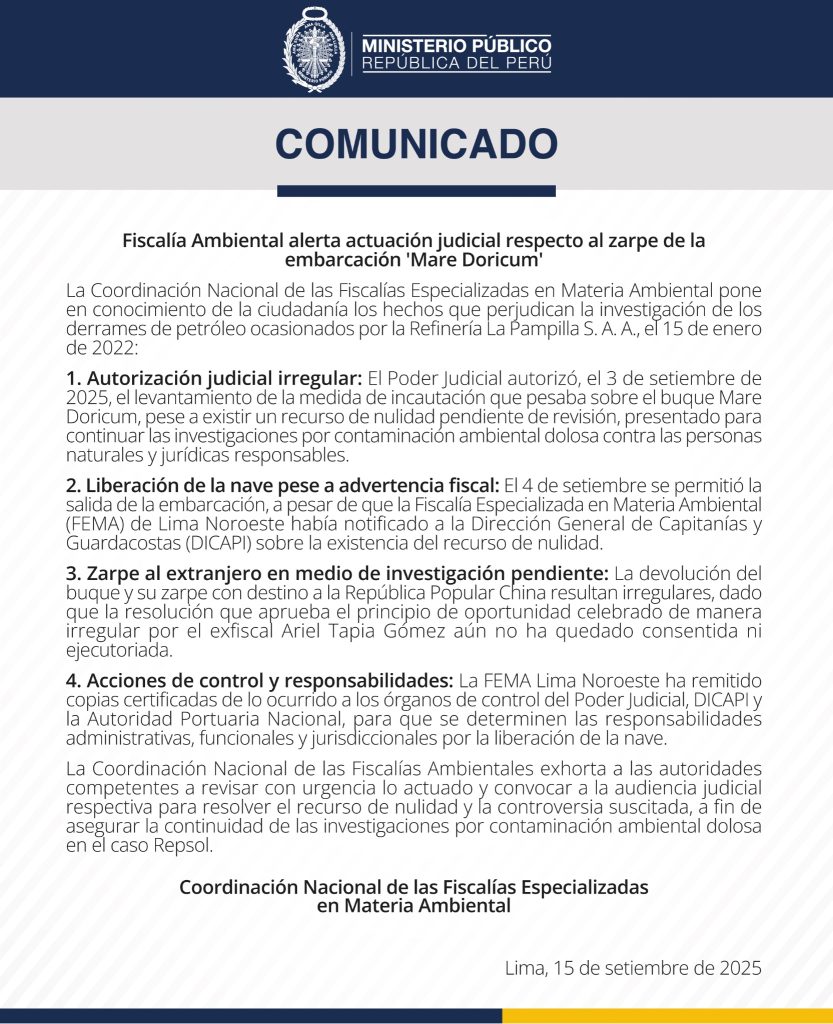 Prosecutor's Office requests to stop ship involved in Repsol oil spill to continue investigations