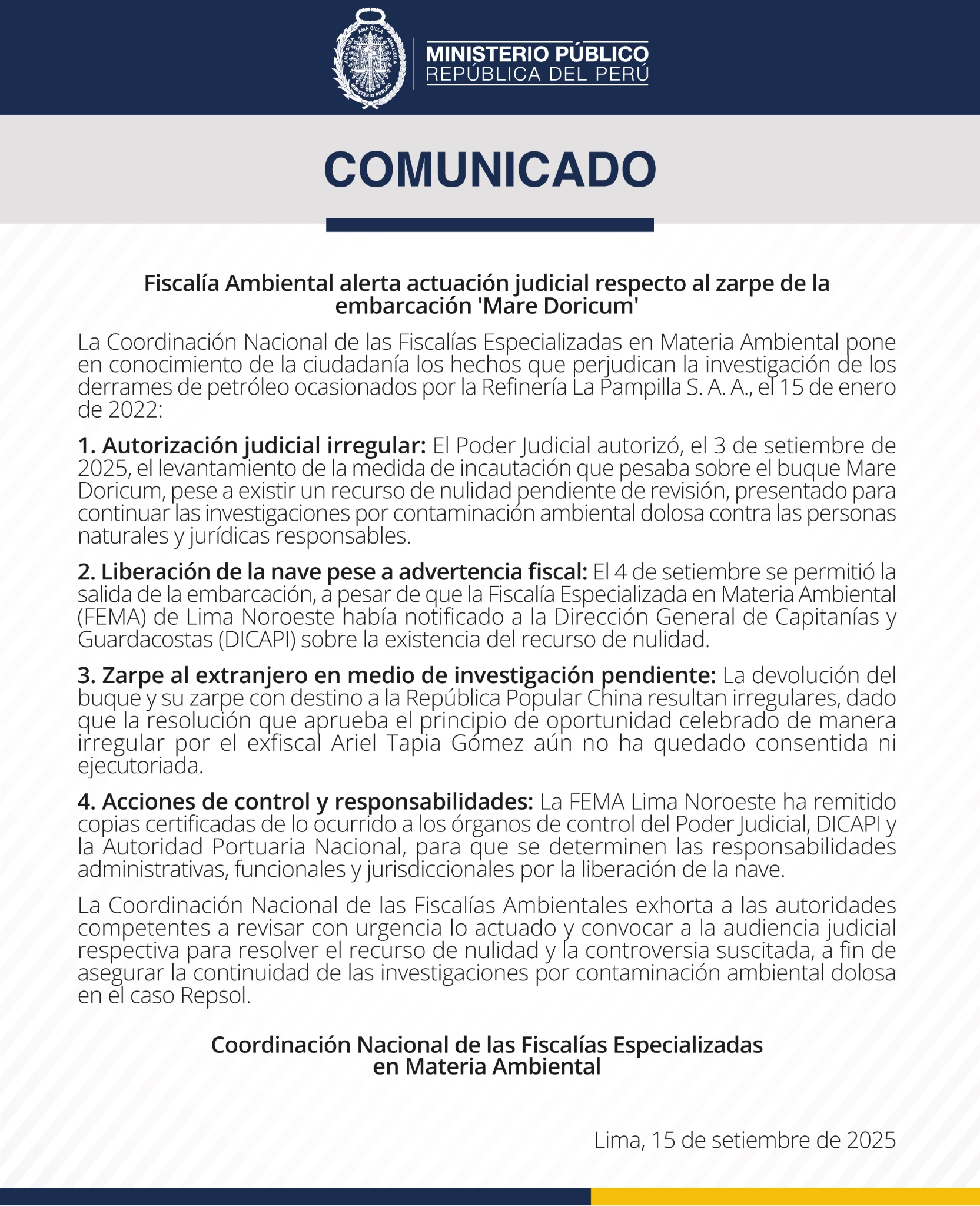 Prosecutor's Office requests to stop ship involved in Repsol oil spill to continue investigations