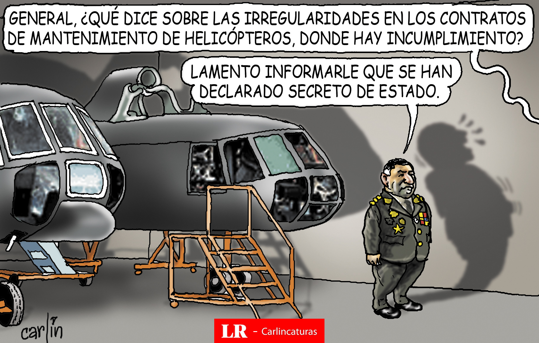 Secrets of State?: Carlincatura satirizes the questions to maintenance contracts to combat helicopters