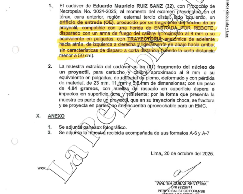 Ballistics report concludes that Eduardo Ruiz died from a gunshot "by rebound"