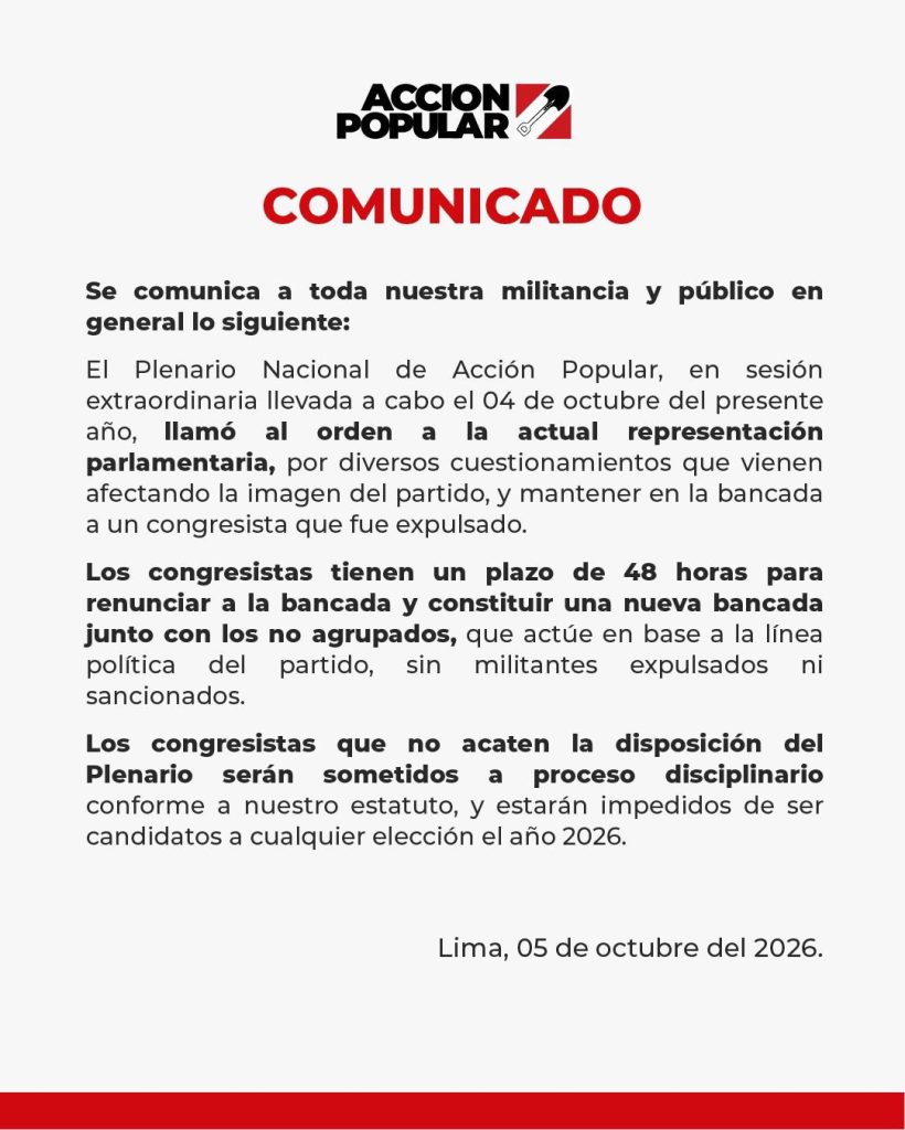 Congress: Popular Action leadership dissolves its own bench and gives its members 48 hours to resign