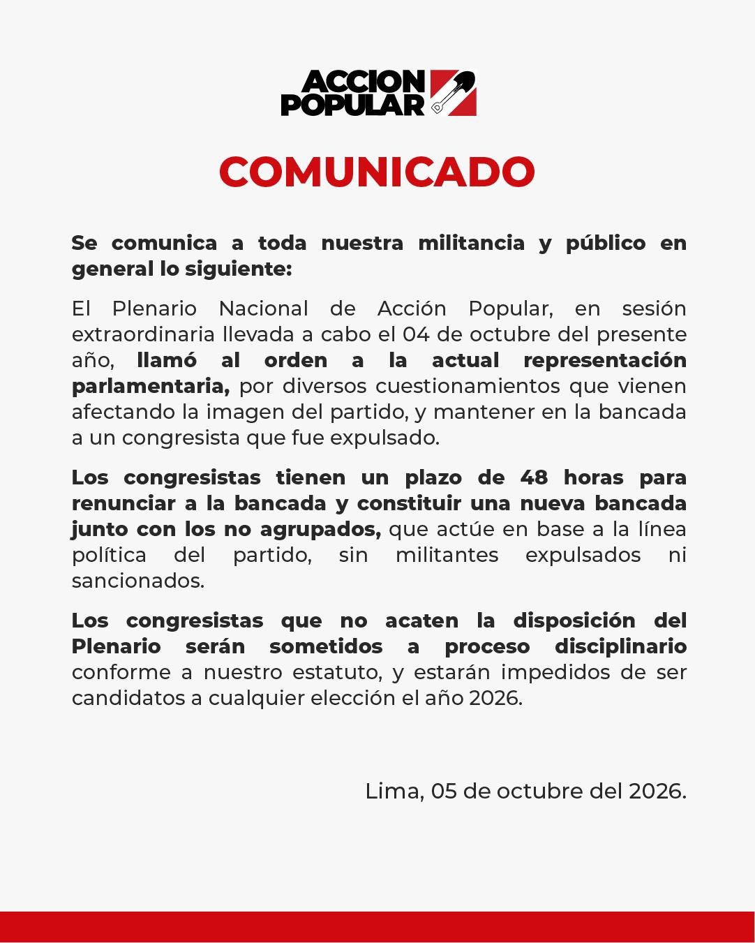 Congress: Popular Action leadership dissolves its own bench and gives its members 48 hours to resign