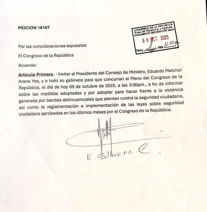 Congress urgently summons the Ministerial Cabinet after the attack against Agua Marina