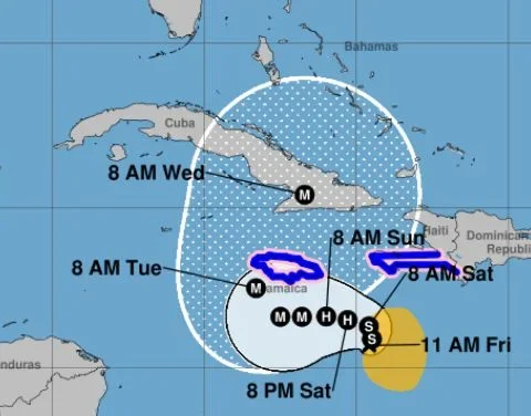 Cono de trayectorias de la tormenta tropical Melissa de las 11 de la mañana de este viernes
