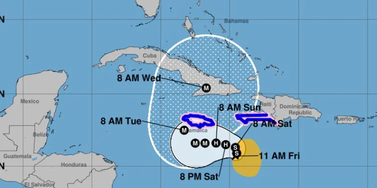 Cono de trayectorias de la tormenta tropical Melissa de las 11 de la mañana de este viernes